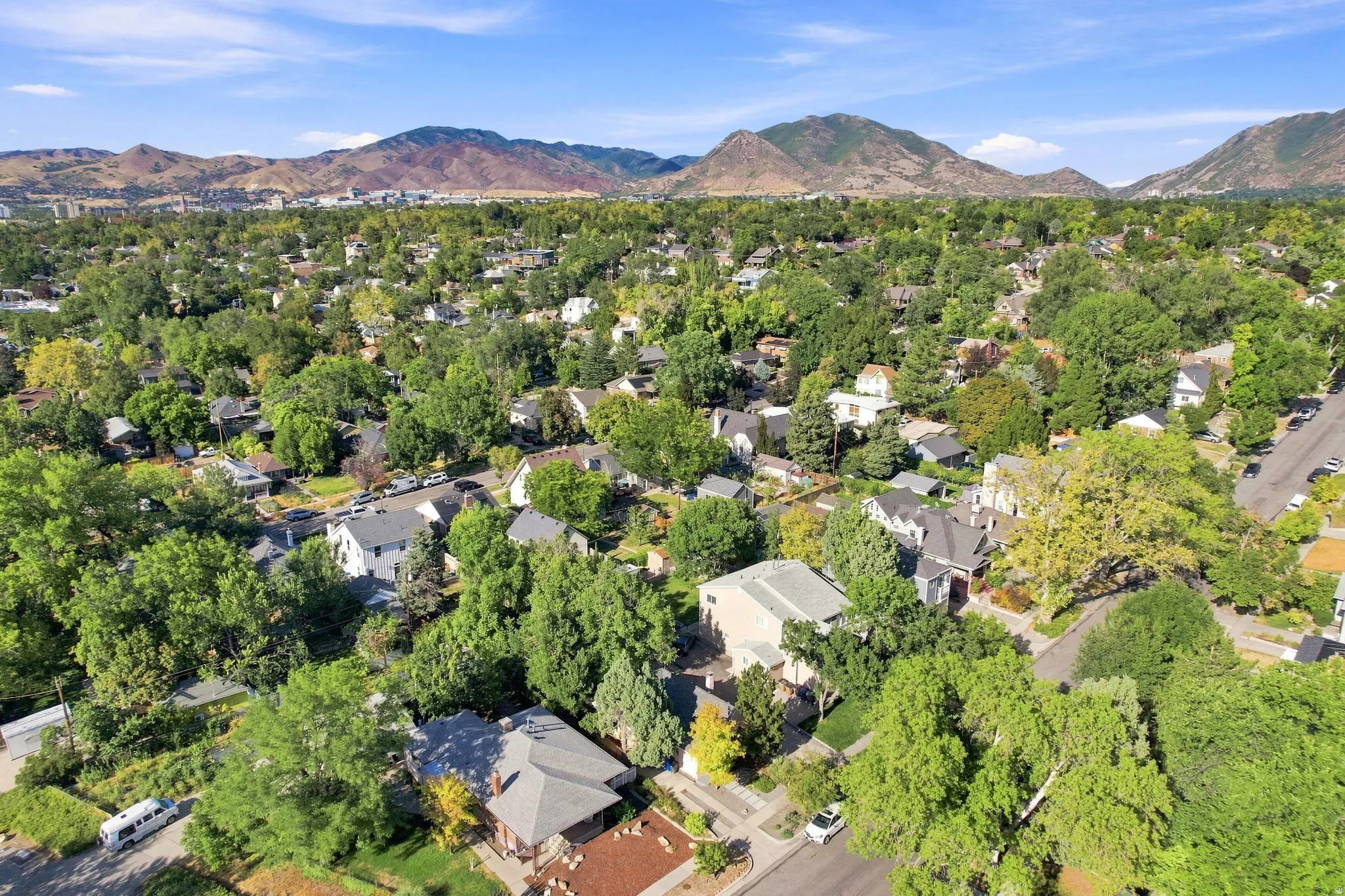 Expansive neighborhood with mature trees, residential homes, and distant mountains