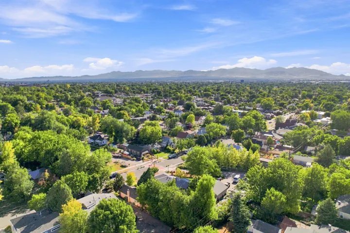 Expansive residential neighborhood featuring abundant mature trees and distant mountain ranges under a clear sky