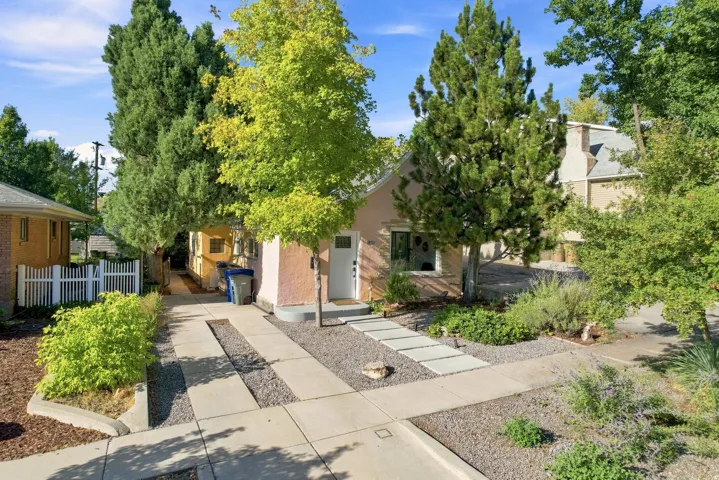 Stucco exterior with a white entry door, concrete drive, and a stone chip path