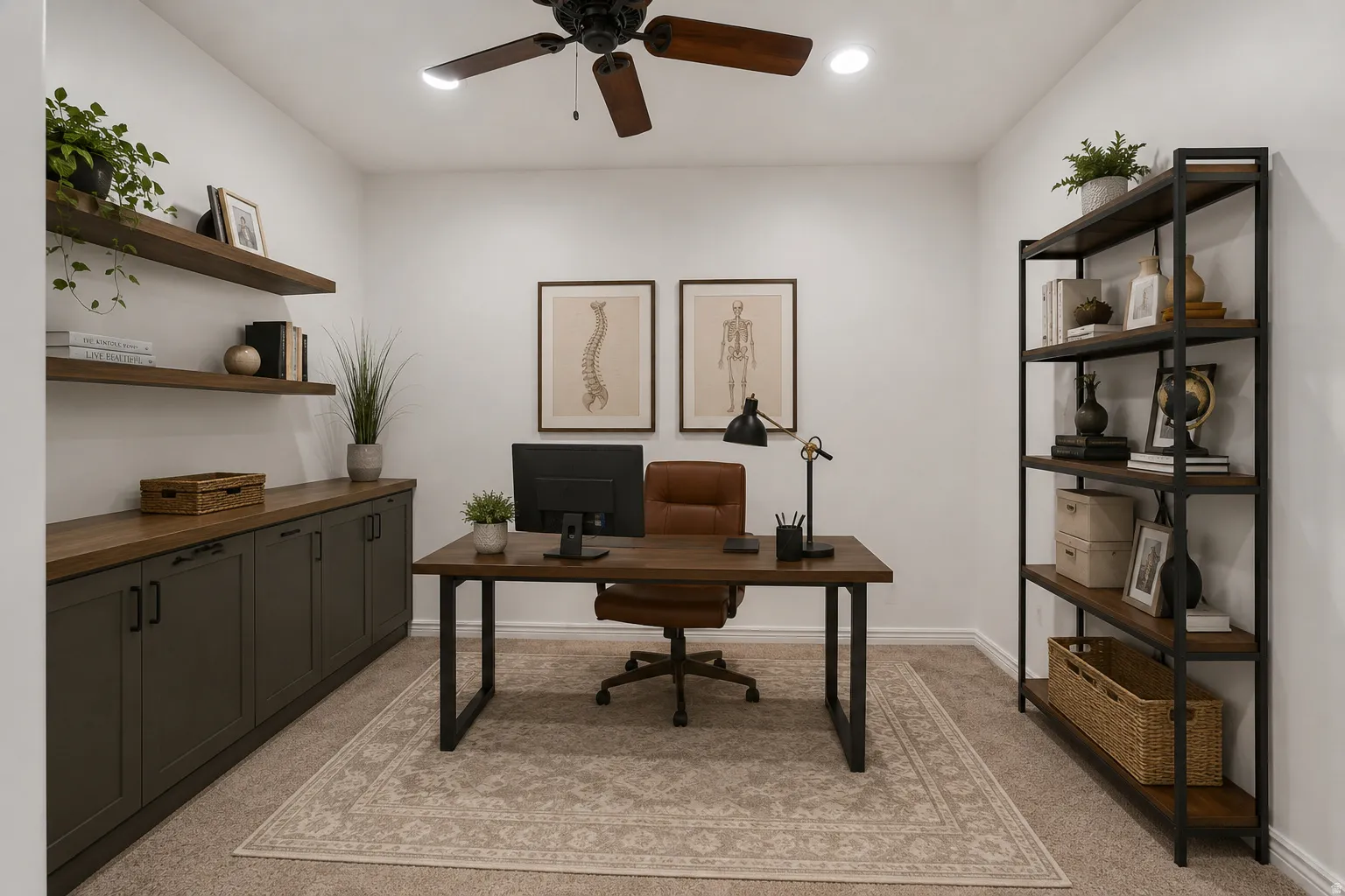 Integrated custom cabinetry with wood-finish countertop, coordinating floating shelves, and a ceiling fan with integrated lighting