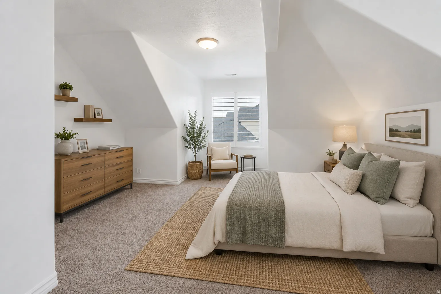 Unique oversized bedroom above the garage offers exceptional space and flexibility.Virtually staged to demonstrate the scale and possibilities of this unique room.  With it's own private full bathroom, it is the perfect retreat for family or guests.
