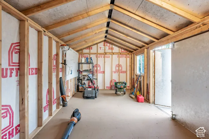 Inside the backyard shed is plenty of clean space to store your yard equipment or toys.