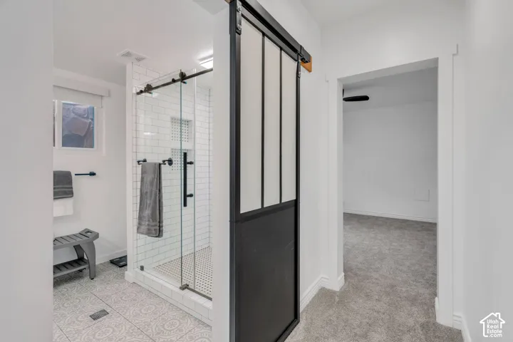 Custom updates shine in this basement bath, from the sleek Euro-style shower to the distinctive sliding barn door.