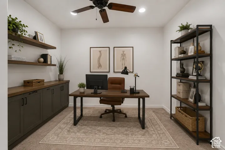 Bonus room off the basement great room offers excellent space for an office, hobby room, or organized storage.  Virtually staged as an office to demonstrate one possible use of this versatile room.