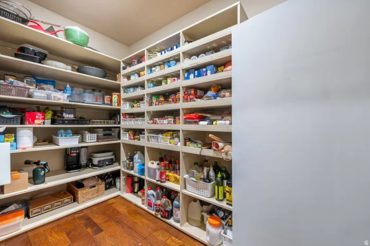 Walk-in pantry featuring extensive built-in shelving, wood-finish flooring, and white painted walls