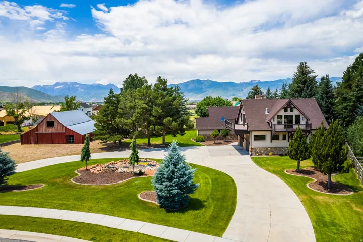 Expansive property featuring a concrete driveway, manicured lawn, and mature trees