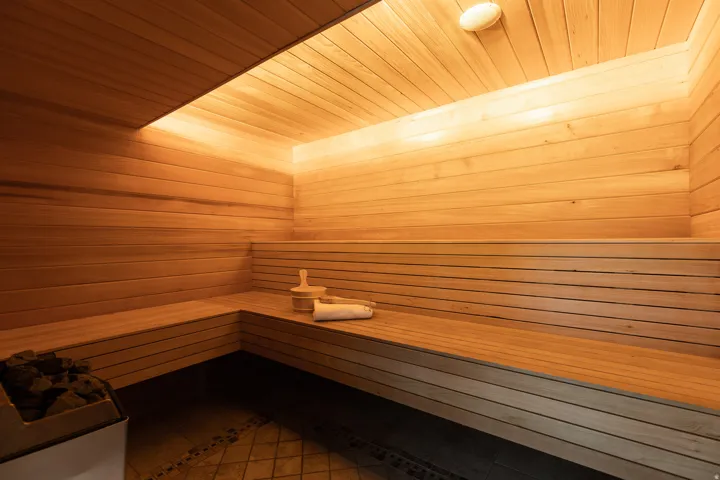 Wood-paneled sauna featuring built-in bench seating and recessed lighting