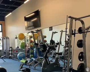 Fitness center featuring a mounted television, mirrored wall, and blue flooring