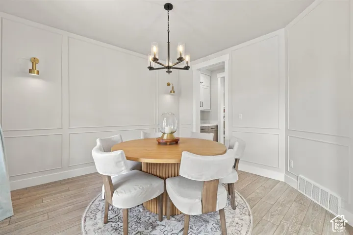 Formal dining room featuring wainscoting, wood-finish flooring, fun design!