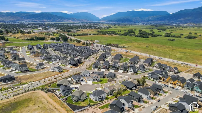Residential community with varied architectural styles, paved roads, and manicured landscaping