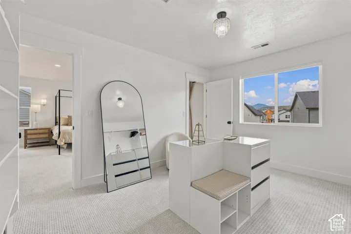Primary Closet. Built-in shelving, recessed lighting, Central dresser and a window with mountain view