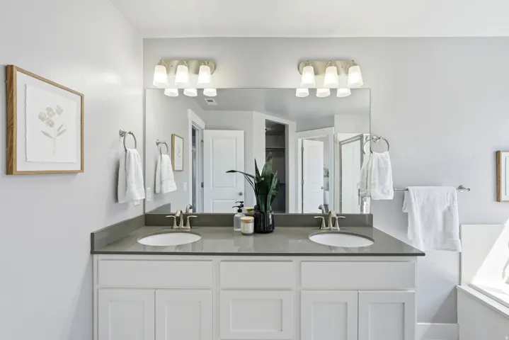 Dual vanity with white cabinetry, undermount sinks, and a dark countertop