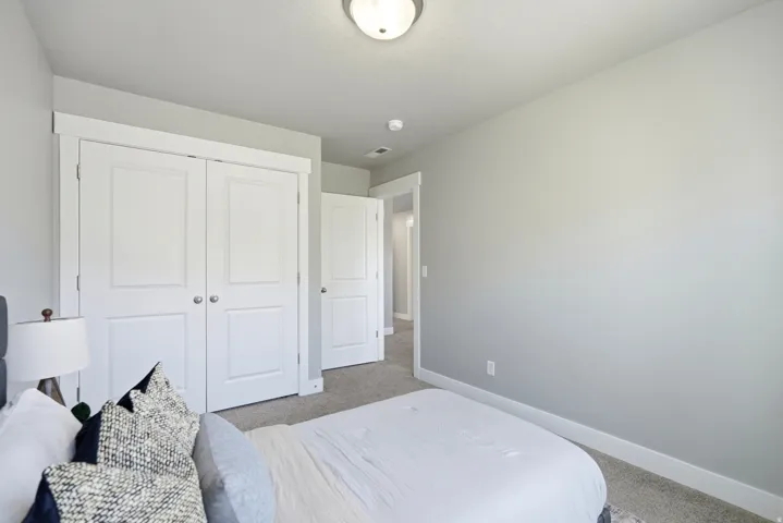 Light gray wall paint, white trim, recessed lighting, white panel doors, and gray carpeting