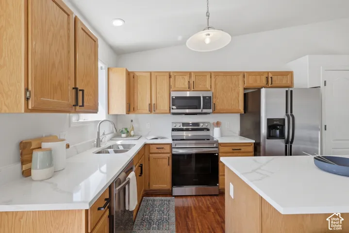 Wood-finish cabinetry, stainless steel appliances, solid surface countertops, and an integrated kitchen island