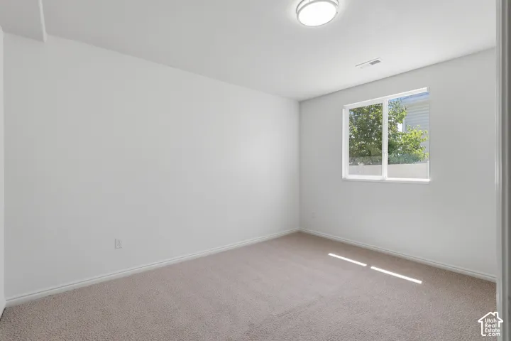 Neutral wall color, carpeted flooring, flush mount ceiling light, and a window with white trim
