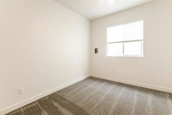 White walls, gray patterned carpet, and a single window with a roller shade