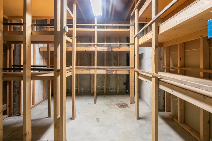 Extensive built-in wood shelving units
