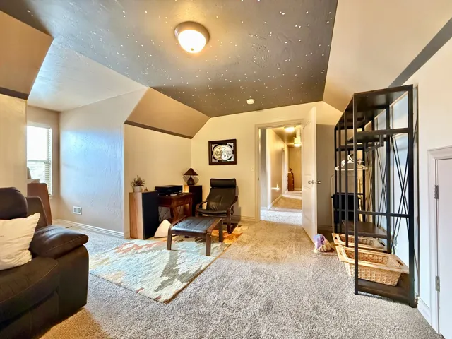 Carpeted room with a textured ceiling, built-in shelving, and a wall-mounted light fixture