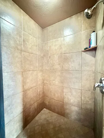 Tiled shower enclosure featuring a corner shelf, mounted showerhead, and wall-mounted faucet