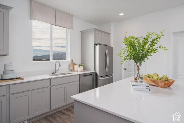 White countertops, stainless steel appliances, grey cabinetry, and wood-finish flooring