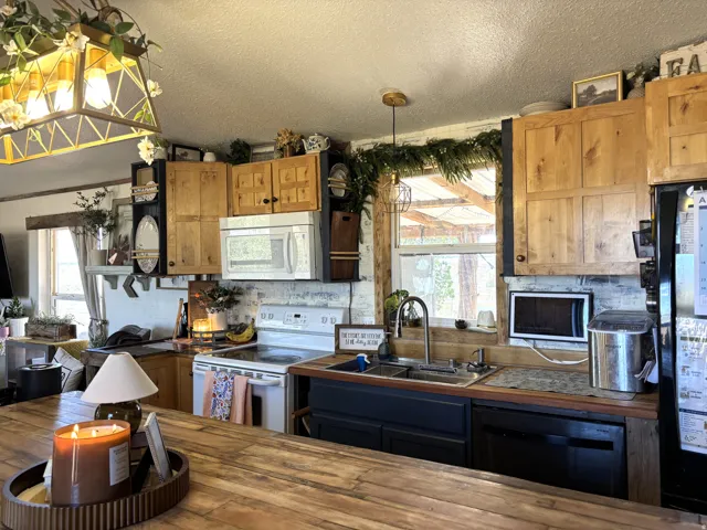 Kitchen featuring wood-finish cabinetry, built-in microwave, stainless steel sink with gooseneck faucet, black dishwasher, and wood-finish countertops