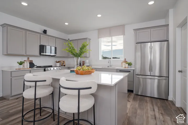 Kitchen featuring grey cabinetry, stainless steel appliances, a center island with a white countertop, and wood-finish flooring