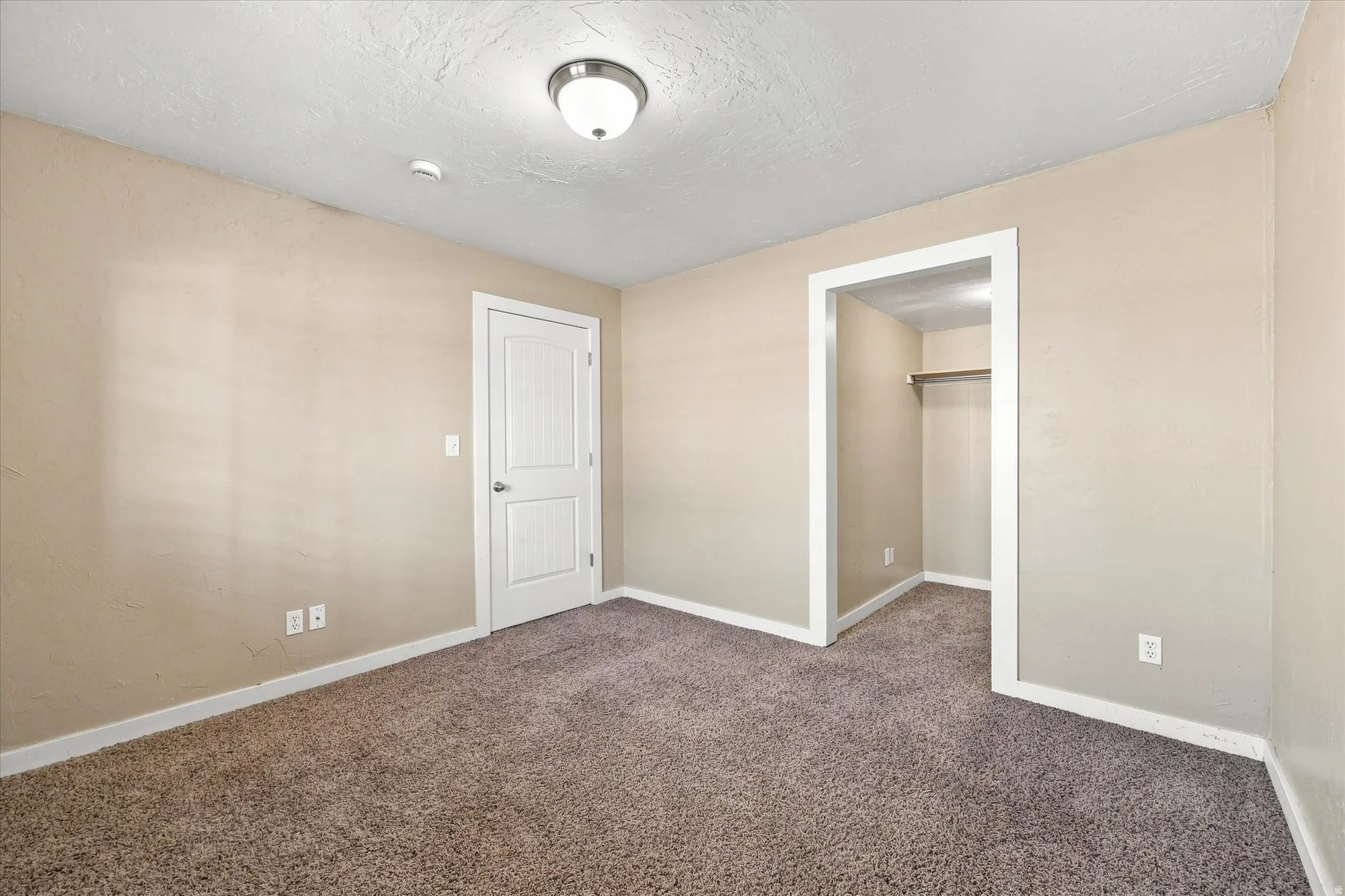 Carpeted flooring, neutral wall tones, white trim, and a built-in closet with a hanging rod