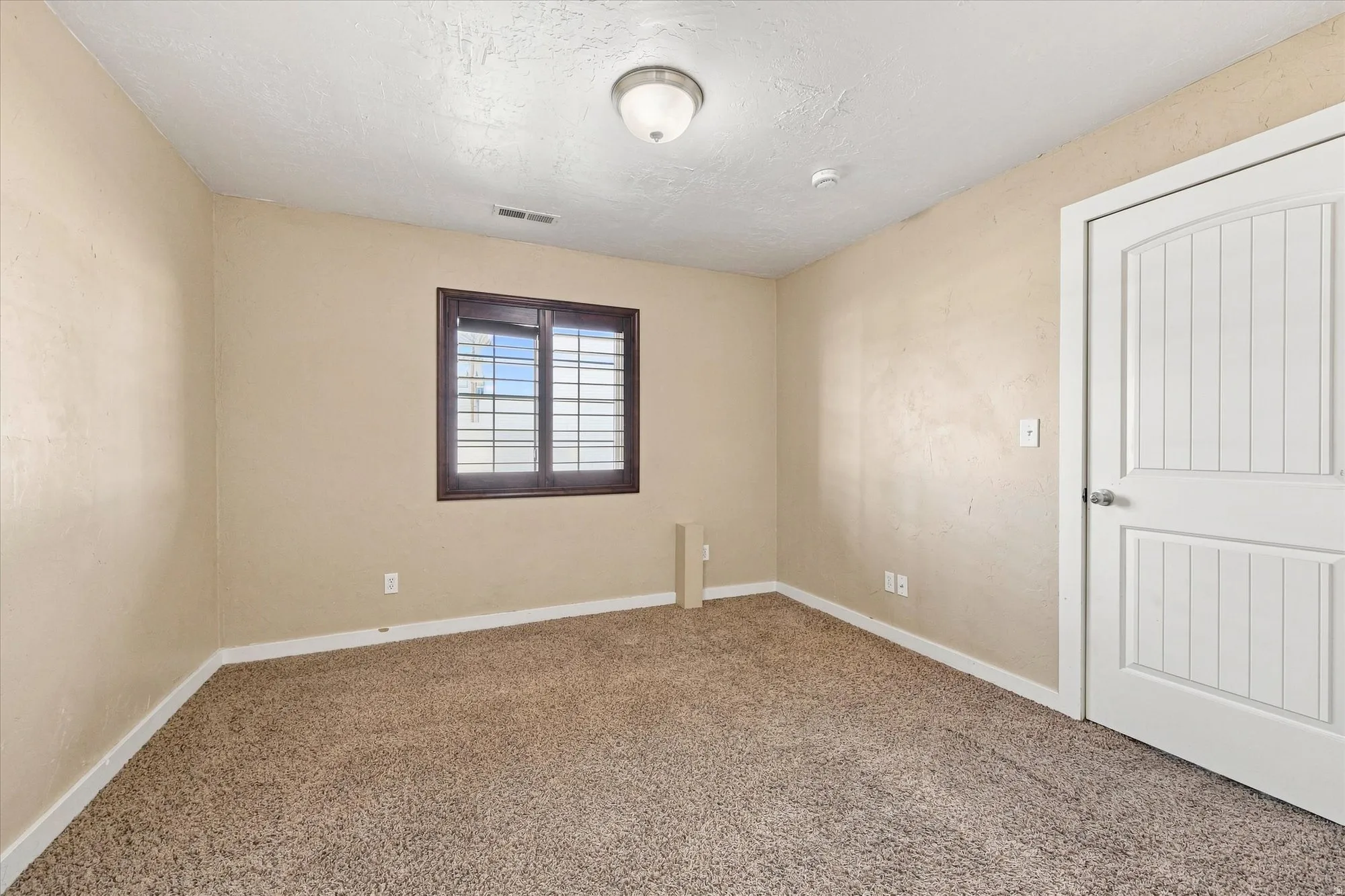 Carpeted room featuring a window with dark wood-finish blinds, a textured ceiling, and a white paneled door