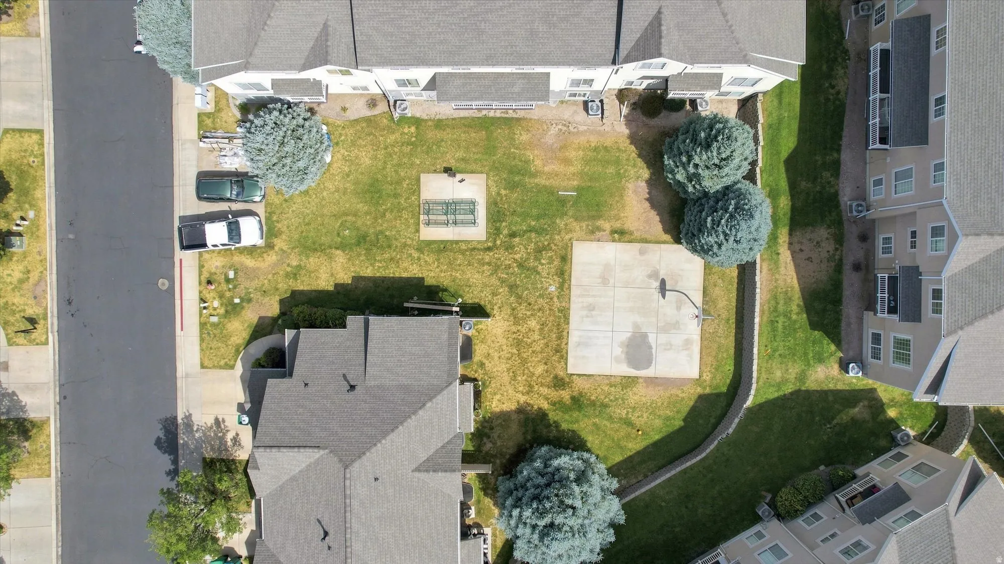 Expansive green space featuring a concrete sports court, mature trees, and landscaping