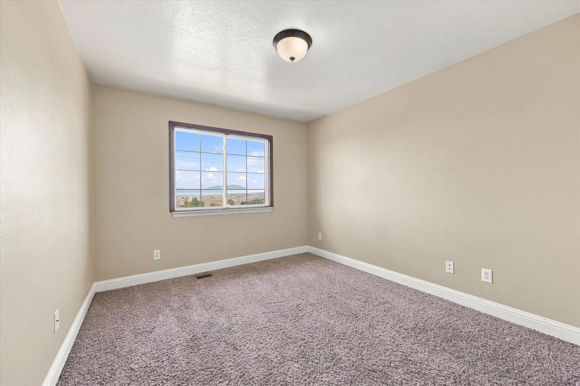 Neutral-toned walls with contrasting white trim, complemented by textured carpeting