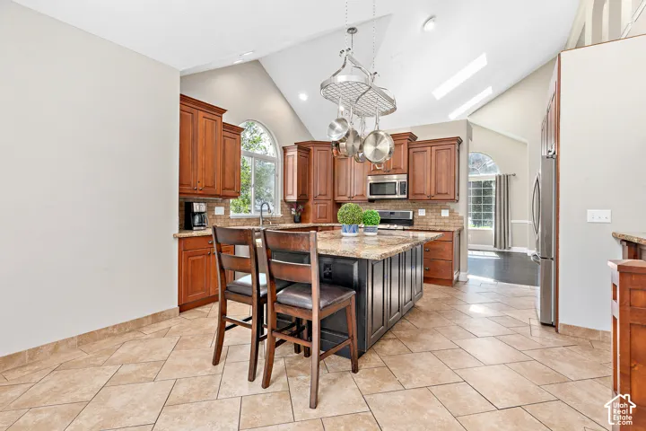 Vaulted ceiling with skylights, extensive cabinetry, central island with seating, stainless steel appliances, and tile flooring