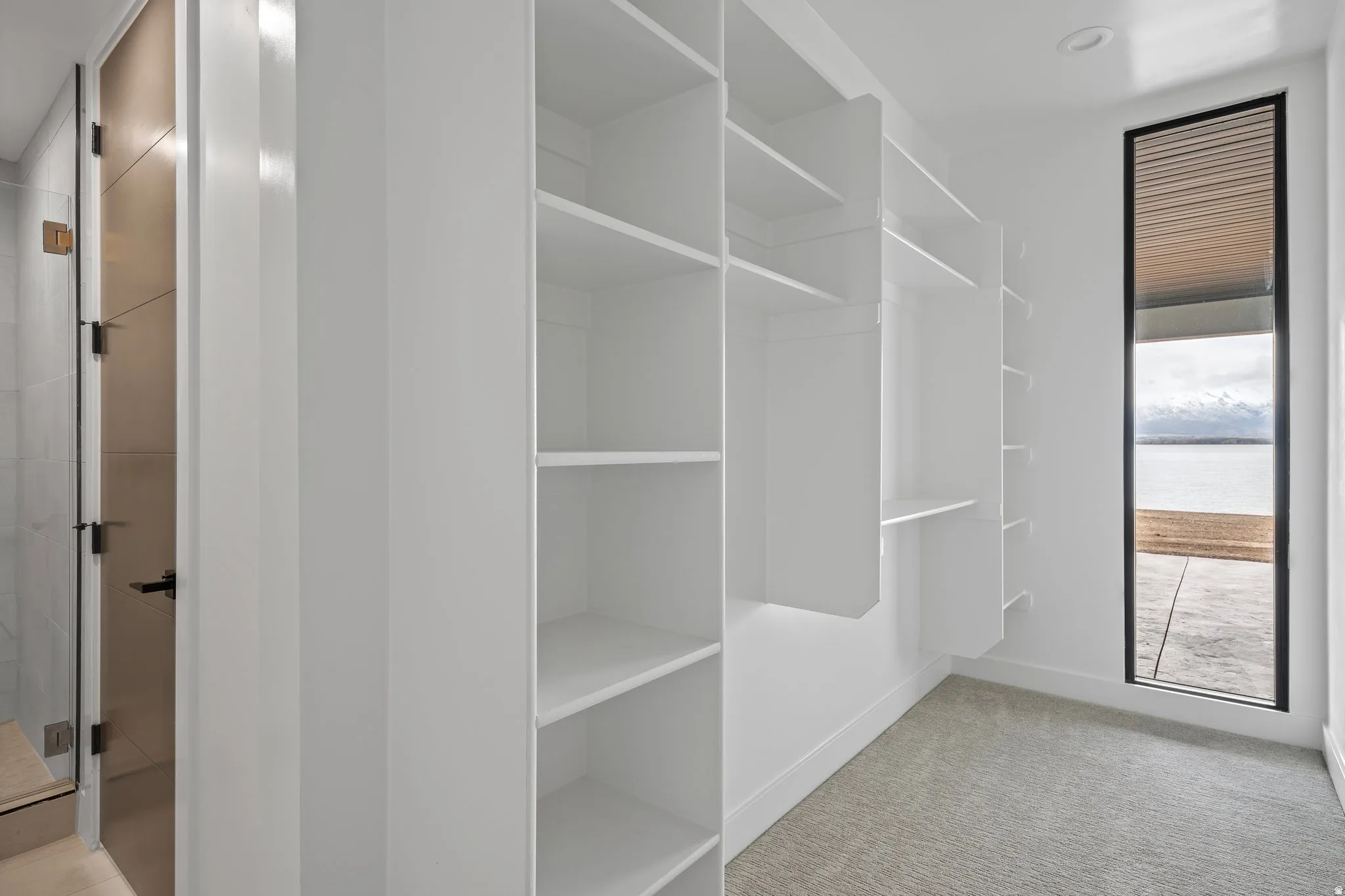 Extensive built-in shelving and hanging rods