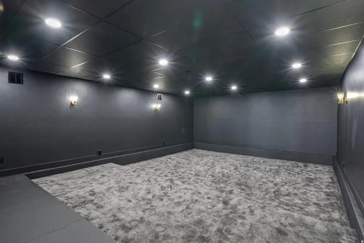 Recessed ceiling lighting, wall-mounted sconces, dark painted walls, dark ceiling panels, and light-toned carpet flooring