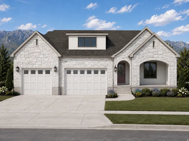 Stone veneer exterior with dark shingle roofing