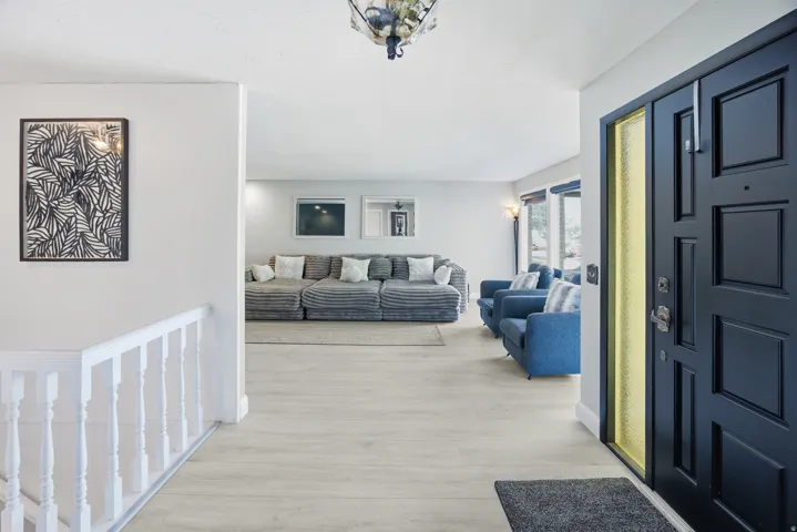 Entryway featuring light wood-finish flooring, a paneled entry door with frosted sidelight, and a white baluster railing