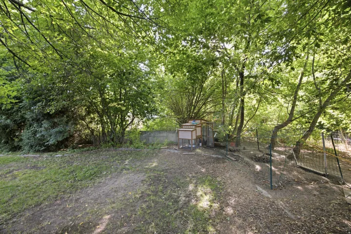 Expansive yard with mature trees, established fencing, and a built-in outdoor structure