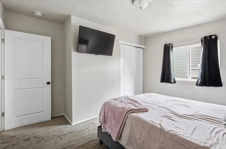 White two-panel interior door, carpeted flooring, and a single window with blinds
