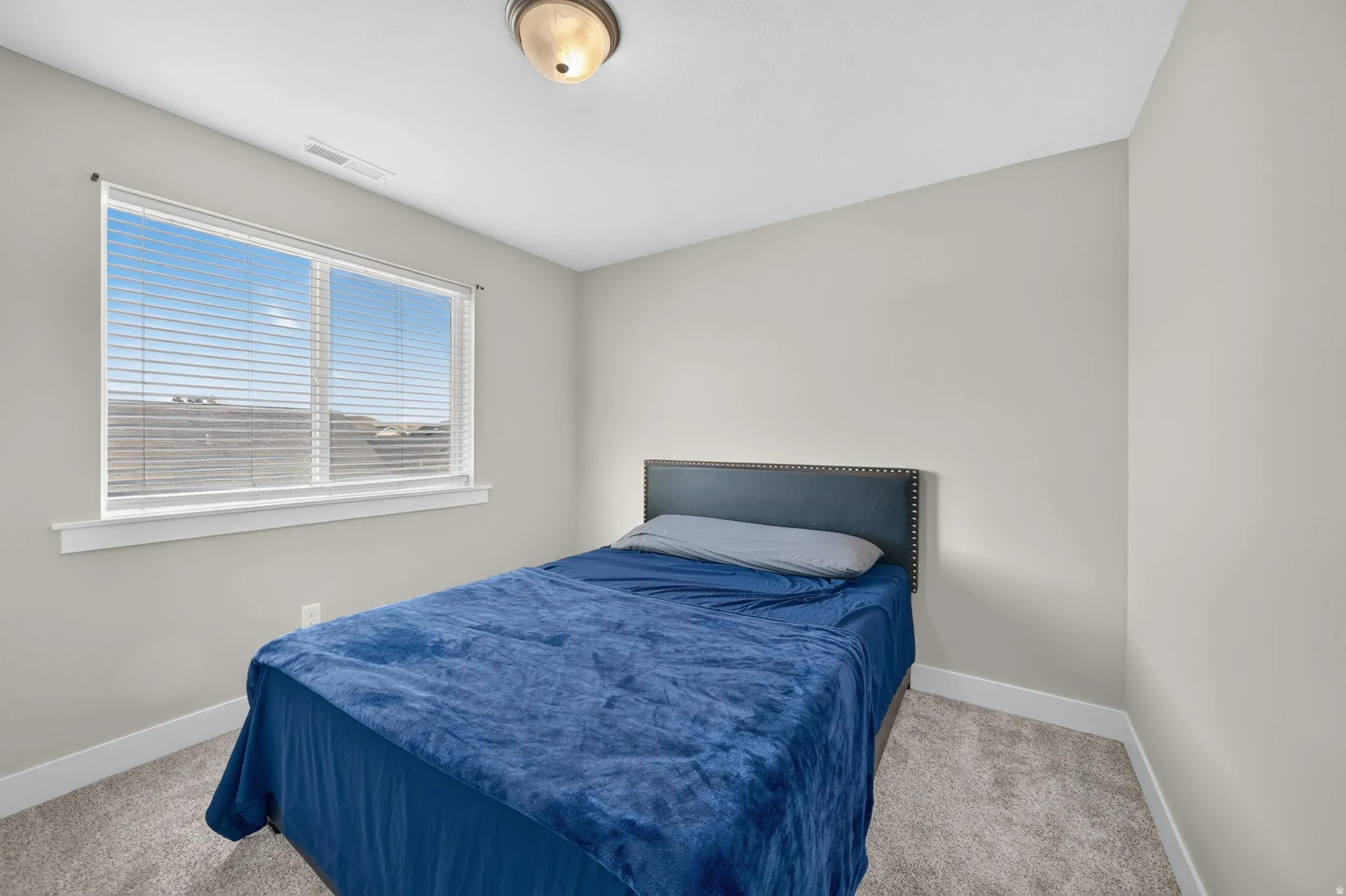 Neutral wall color, carpet flooring, window with blinds, and flush mount lighting