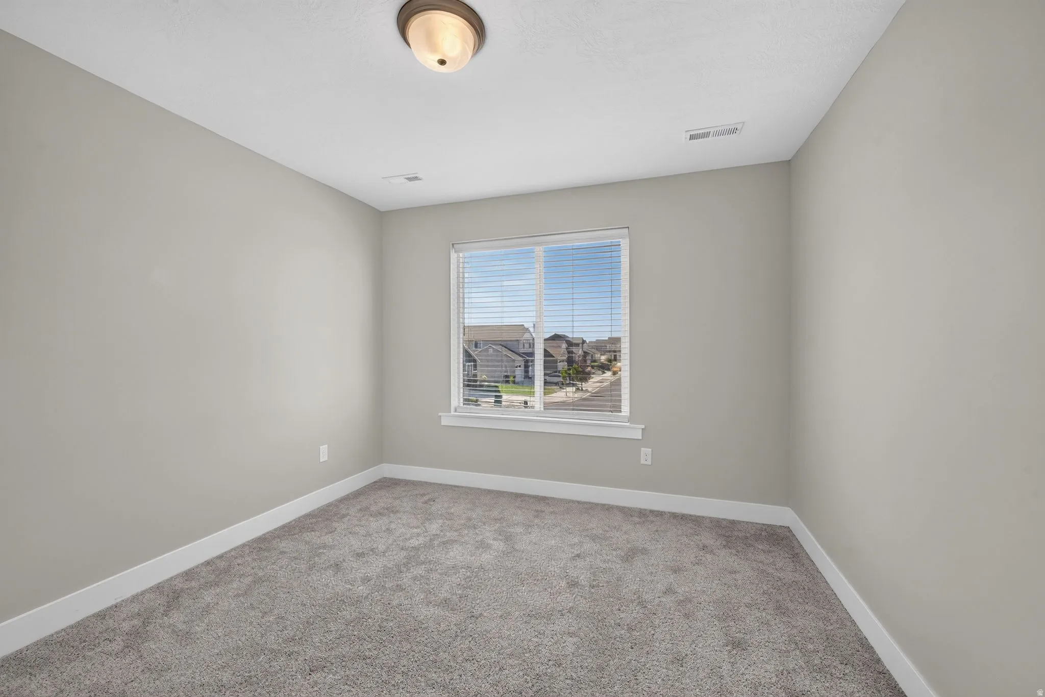 Neutral wall paint, textured carpet, window with blinds, overhead light fixture