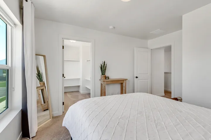 Light-filled bedroom with carpet flooring and white walls