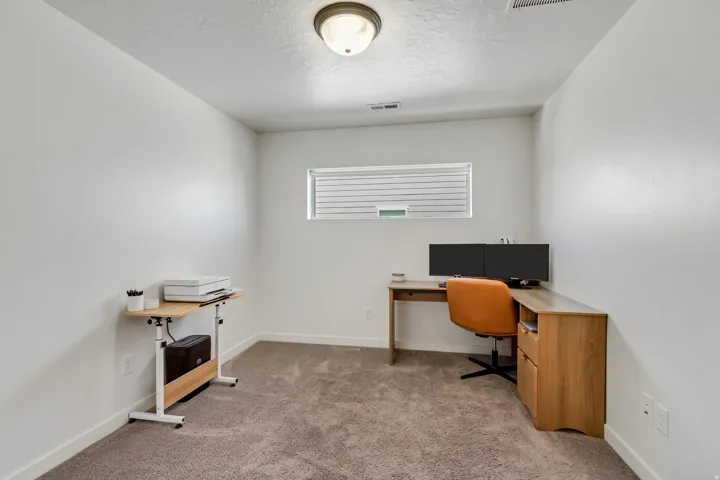 Recessed window with horizontal blinds, neutral carpeting, white wall finishes, and a ceiling-mounted light fixture