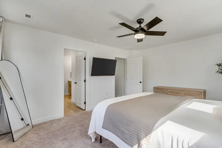 Carpeted room with white walls, a black ceiling fan, and a wall-mounted television