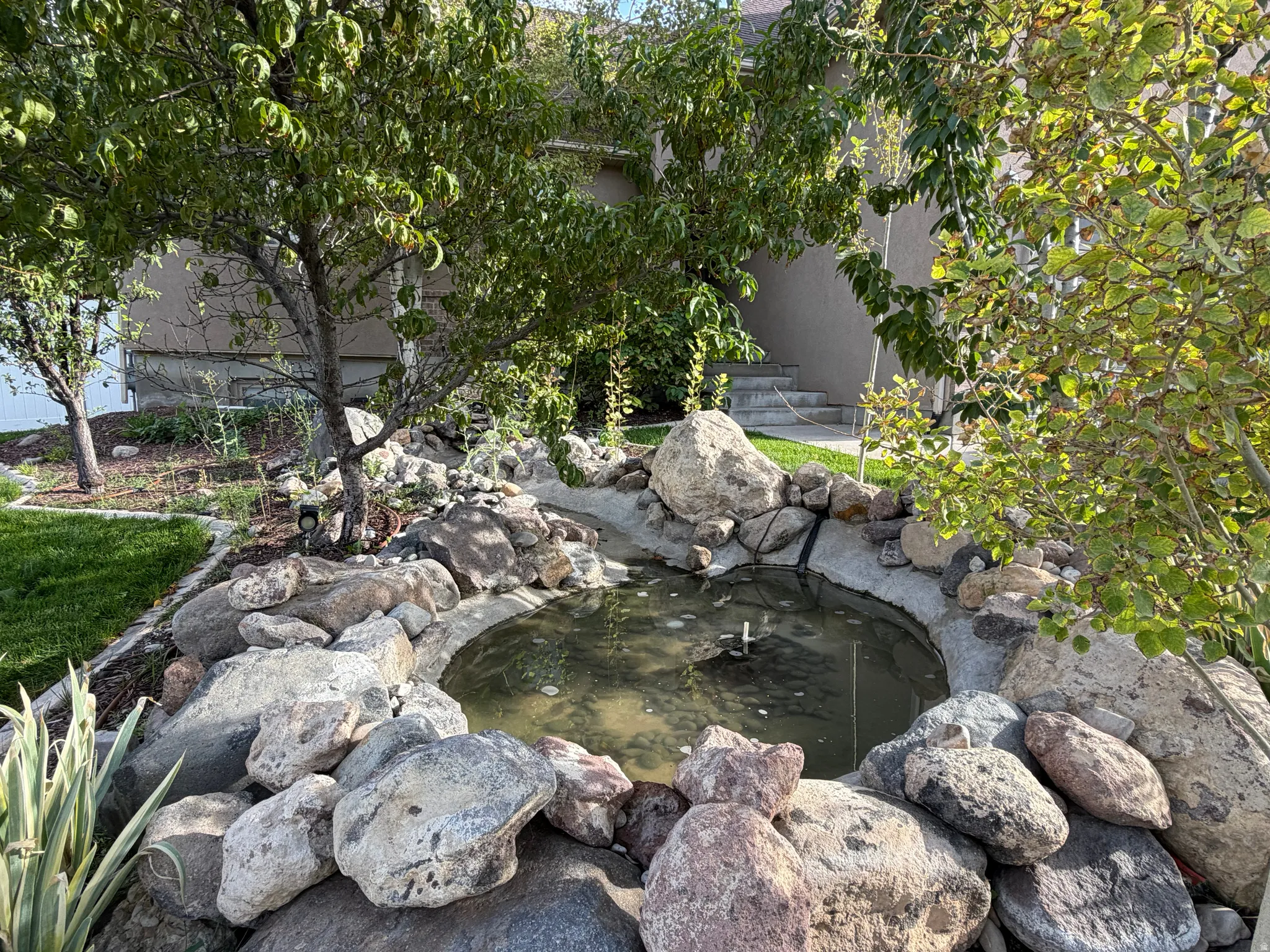 Rock-lined pond feature with surrounding mature trees, integrated landscape lighting, and concrete steps