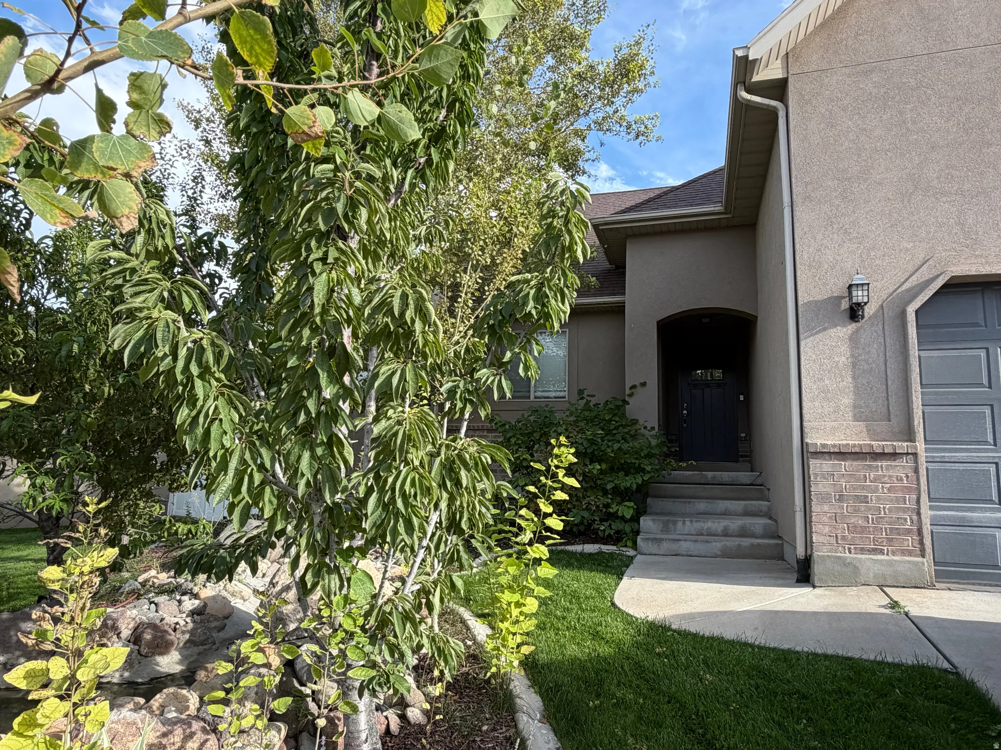 Stucco exterior with a prominent arched entry, dark panel door, and integrated garage featuring a paneled door