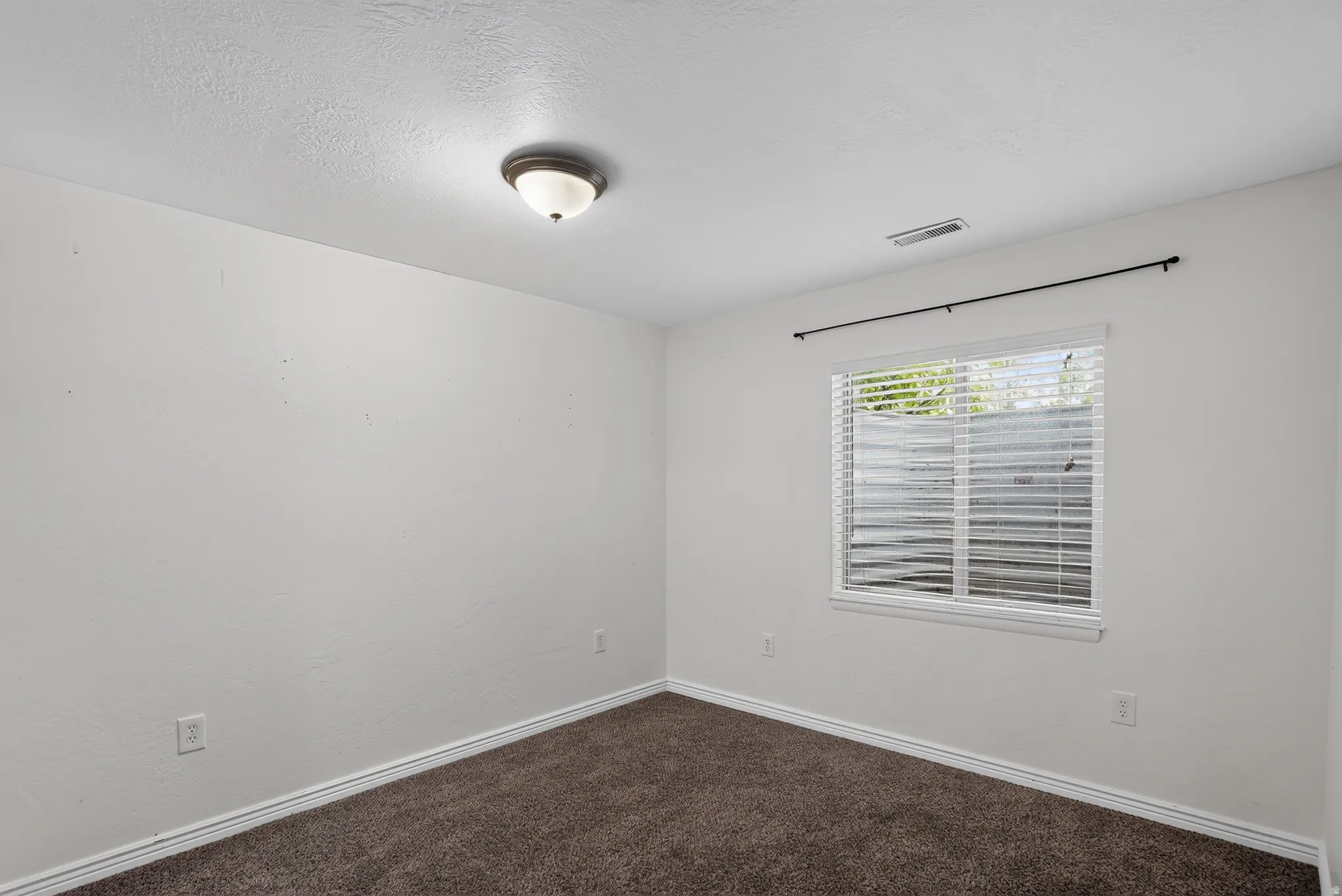 Interior room featuring light-colored walls and dark brown carpet flooring