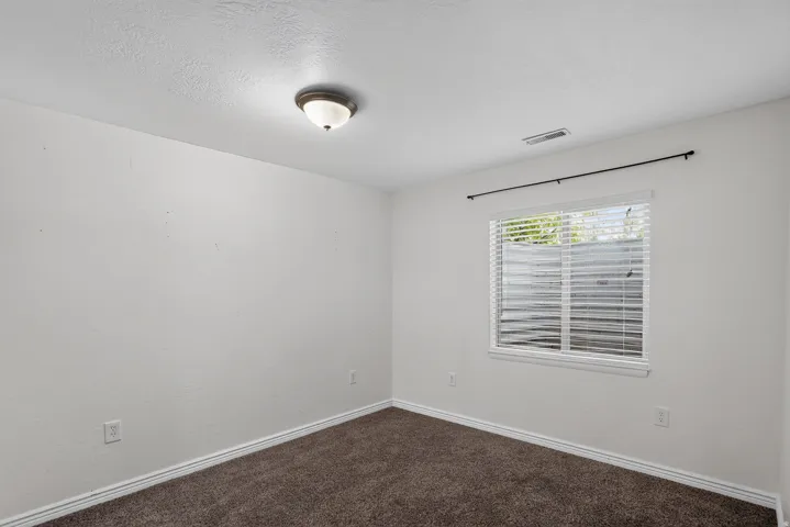 Interior room featuring light-colored walls and dark brown carpet flooring