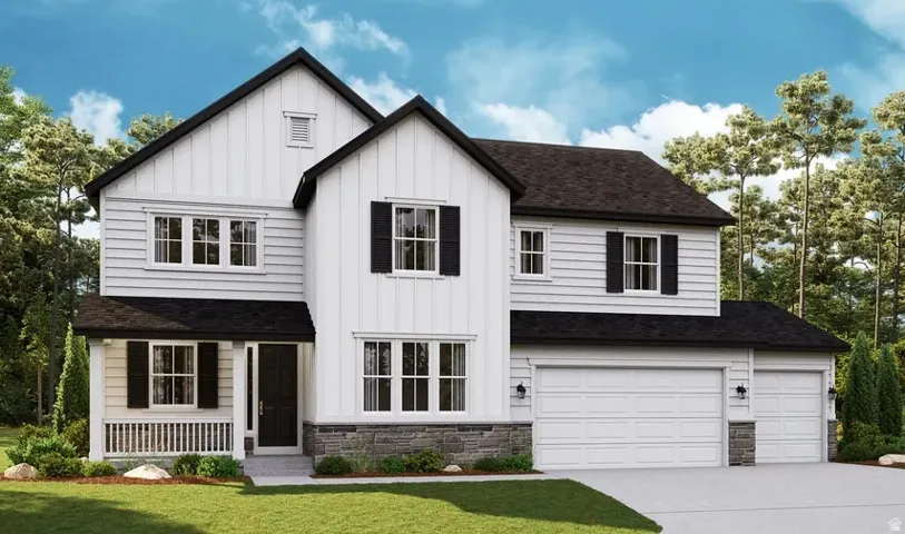 Contemporary farmhouse exterior featuring white board and batten siding, dark shingle roof, stone foundation accents, and a covered front porch