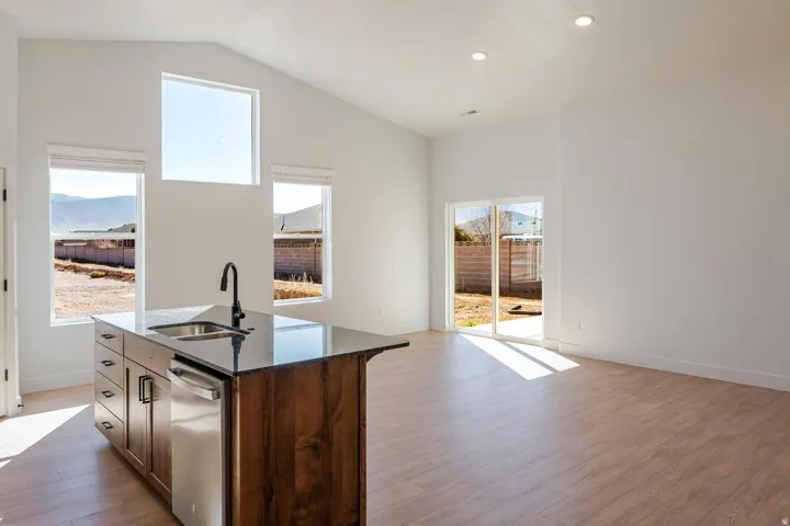 Vaulted ceilings, wood-finish flooring, recessed lighting, and a kitchen island with integrated sink and dishwasher