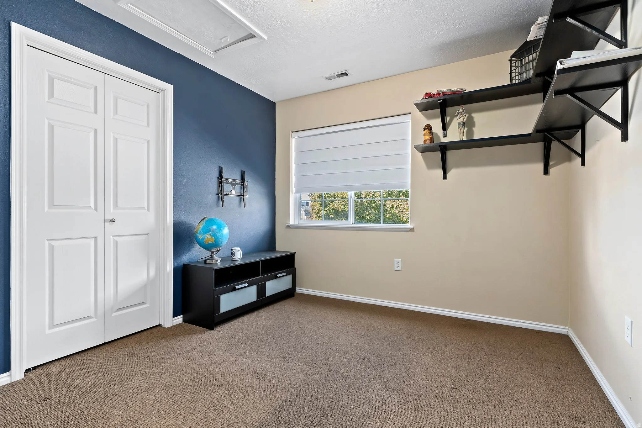 Soft brown carpeting, white trim, and a window with a roller shade