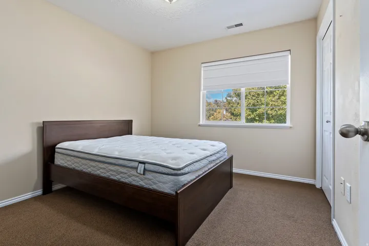 Carpeted room featuring a white-framed window with blinds, light-toned walls, and a built-in closet with a panel door